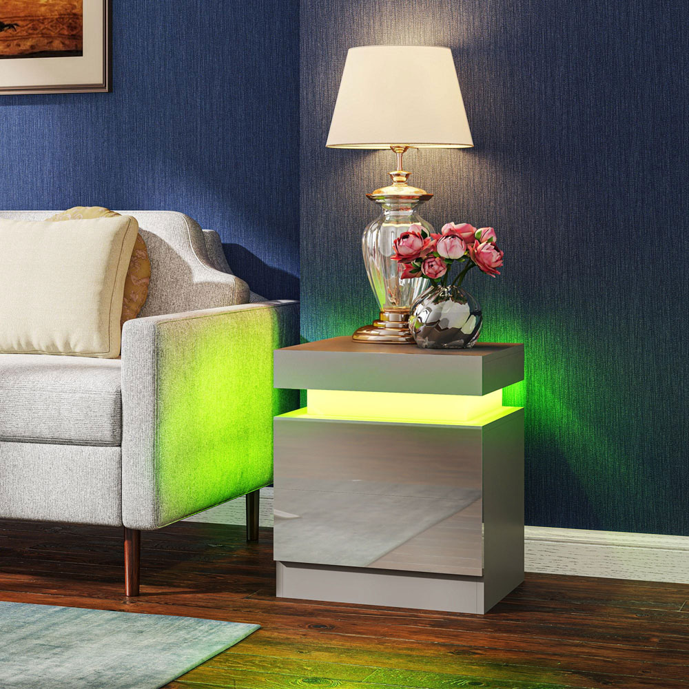 HOMCOM 2 Drawer Grey High Gloss Bedside Table with LED Light Image 2