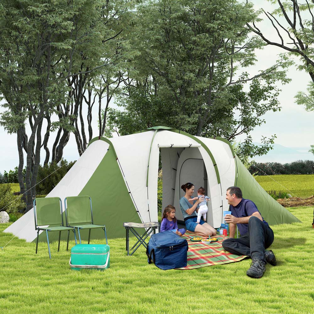 Outsunny 4-6 Person Camping Tent with 2 Bedroom Green and White Image 2