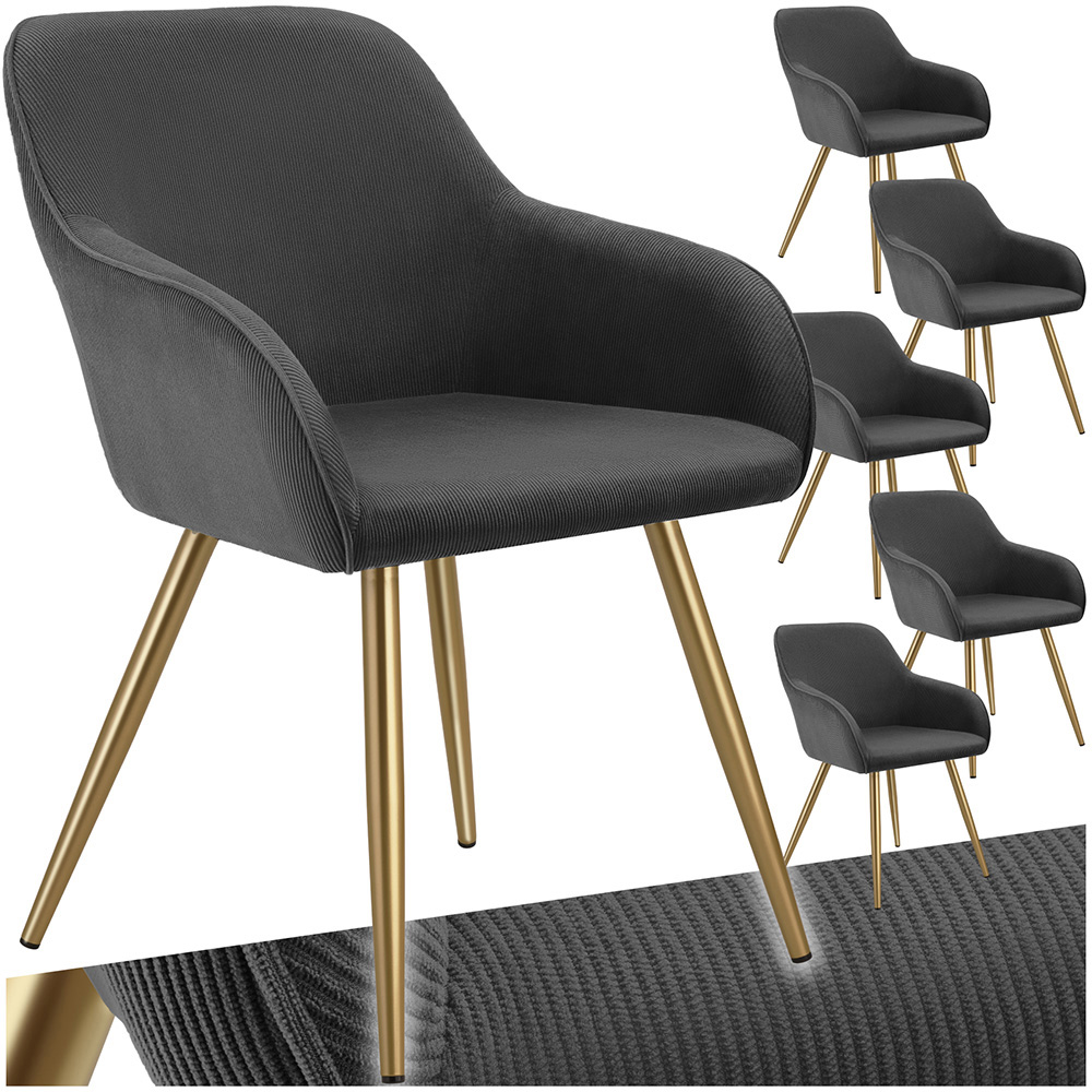 tectake Marilyn Set of 6 Anthracite Gold Corduroy Dining Chair Image 2
