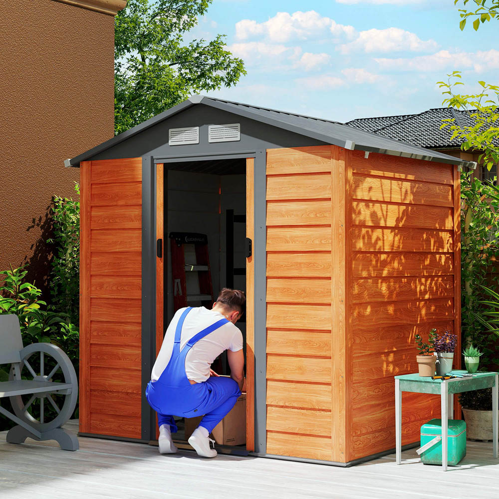 Outsunny 5 x 6.5ft Brown Wood Effect Metal Apex Garden Shed Image 2