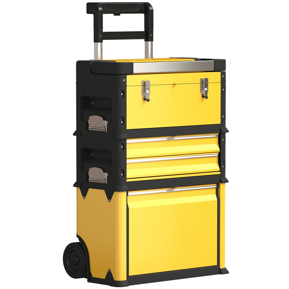 HOMCOM 3 Tier Yellow Stackable Steel Tool Box with Wheels Image 1