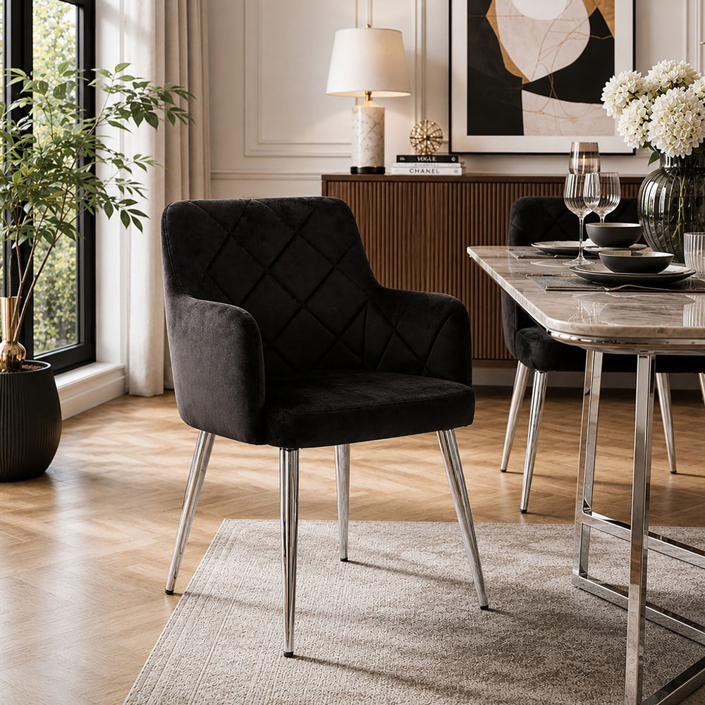 Premier Housewares Tamzin Black Velvet Quilted Dining Chair with Chrome Legs Image 3