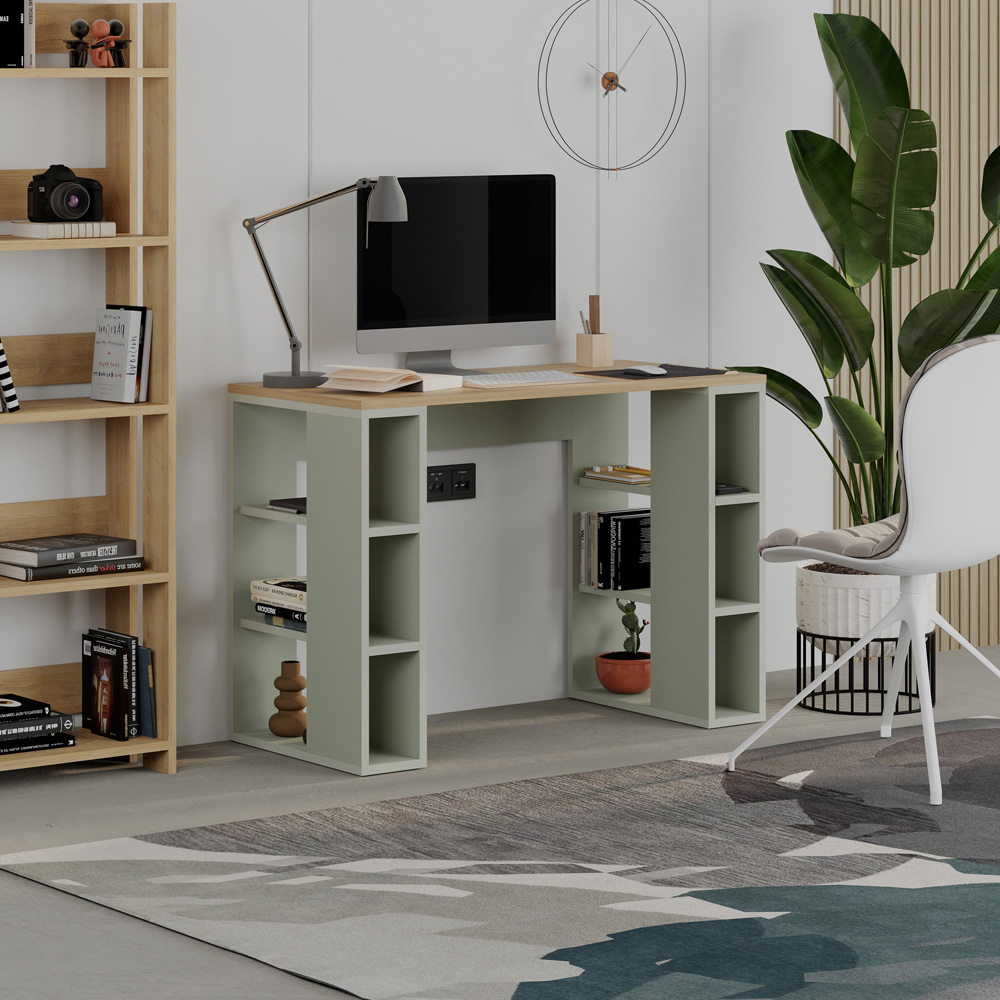 Decortie Colmar 6 Shelf Computer Desk Oak and Ash Green Image 5