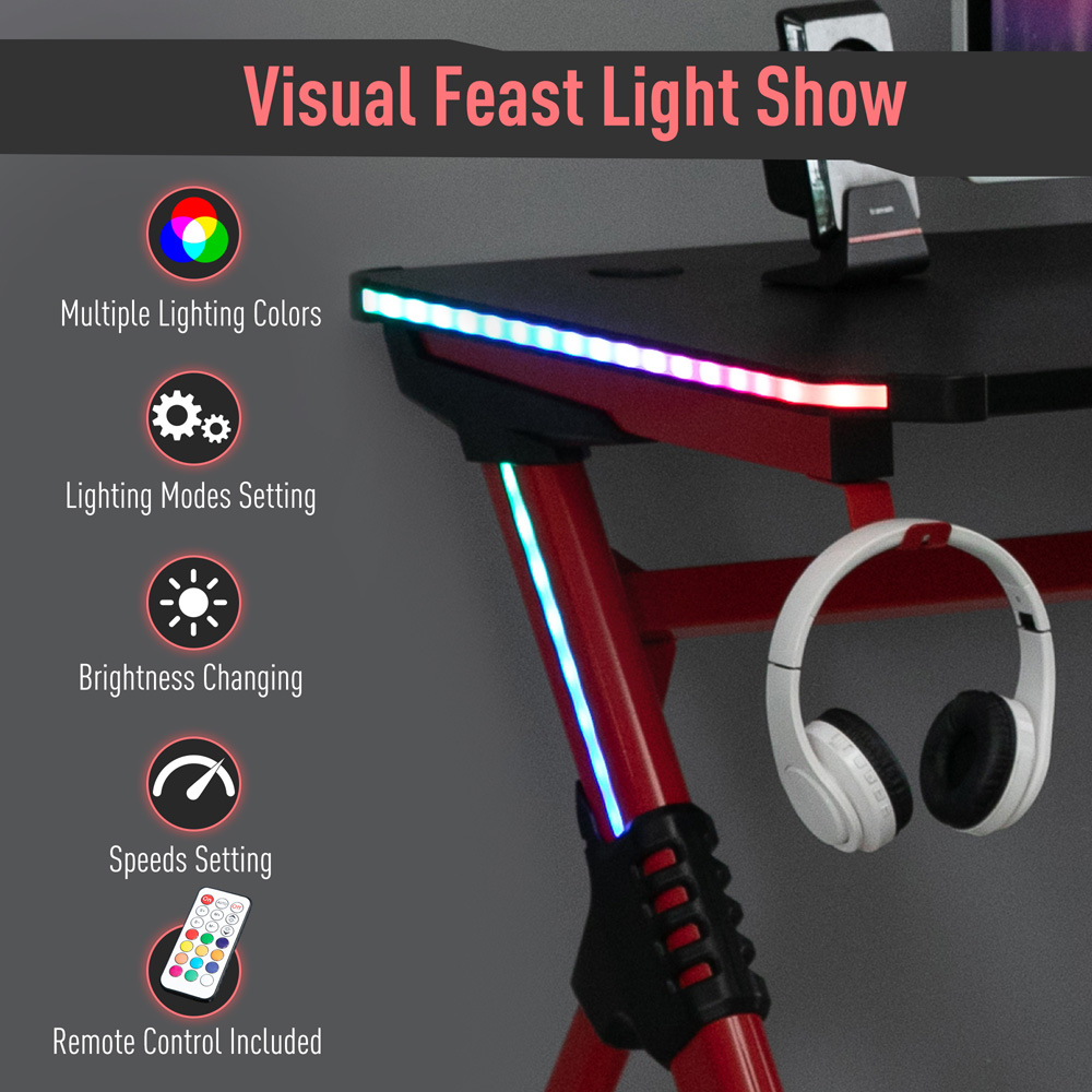 Portland RGB LED Gaming Desk with Cup Holder Black and Red Image 5