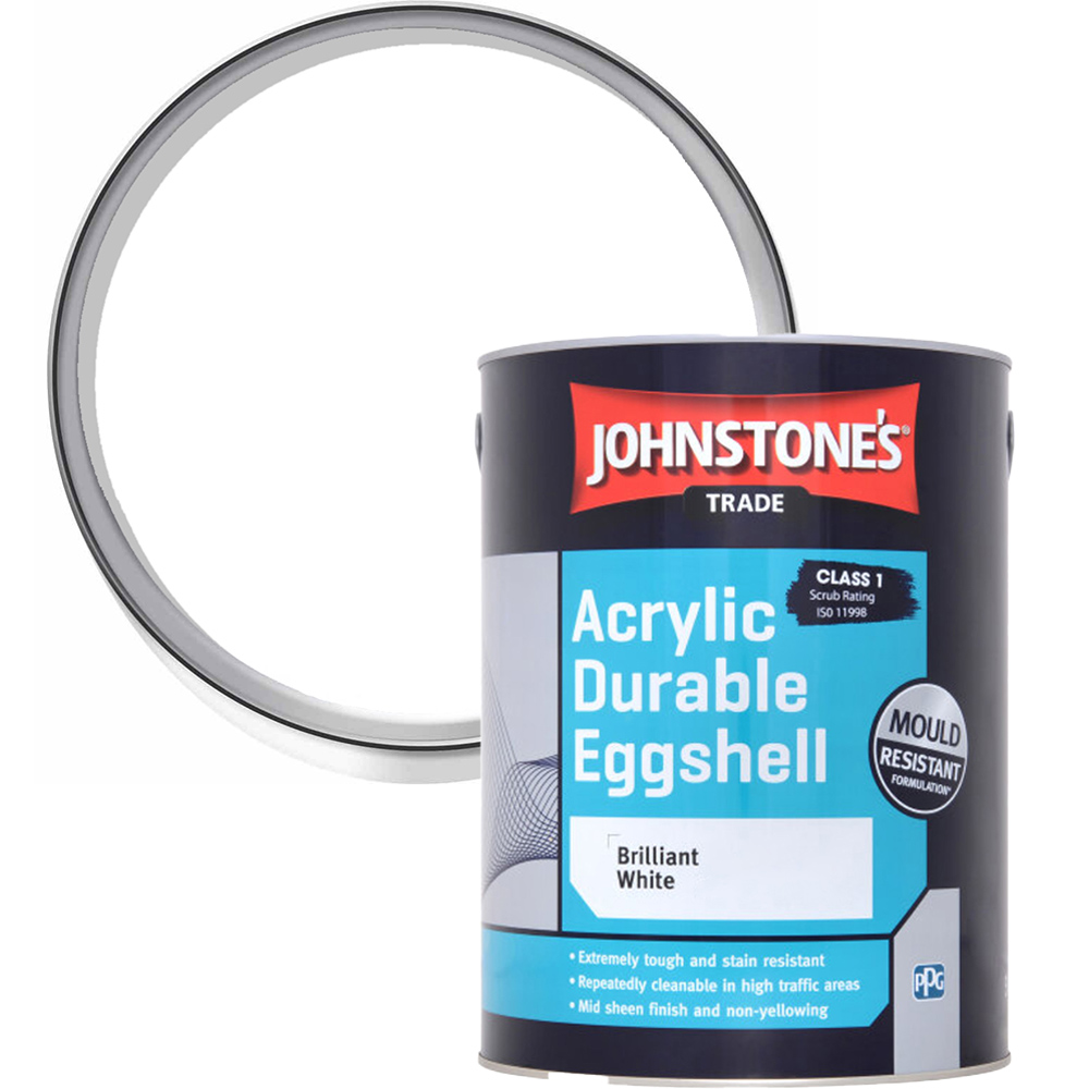Johnstone's Trade Brilliant White Acrylic Eggshell Mid Sheen Paint 5L Image 1