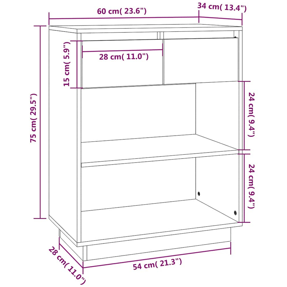 vidaXL 2 Drawer 2 Open Shelf White Solid Pinewood Console Cabinet Image 9