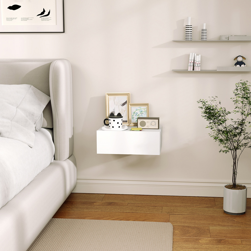 HOMCOM Single Drawer White Floating Wall-Mounted Bedside Table Image 5