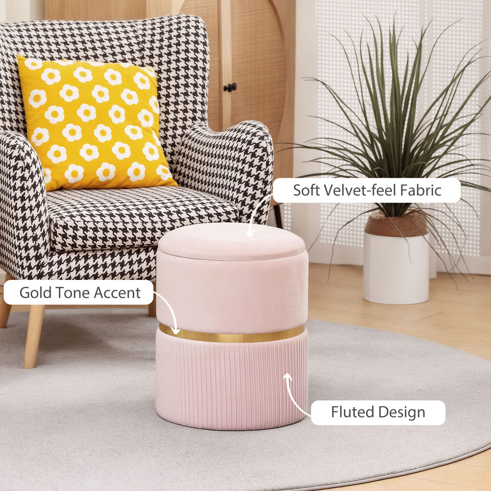 Portland Pink Velvet Round Pouffe Footstool with Storage Image 5