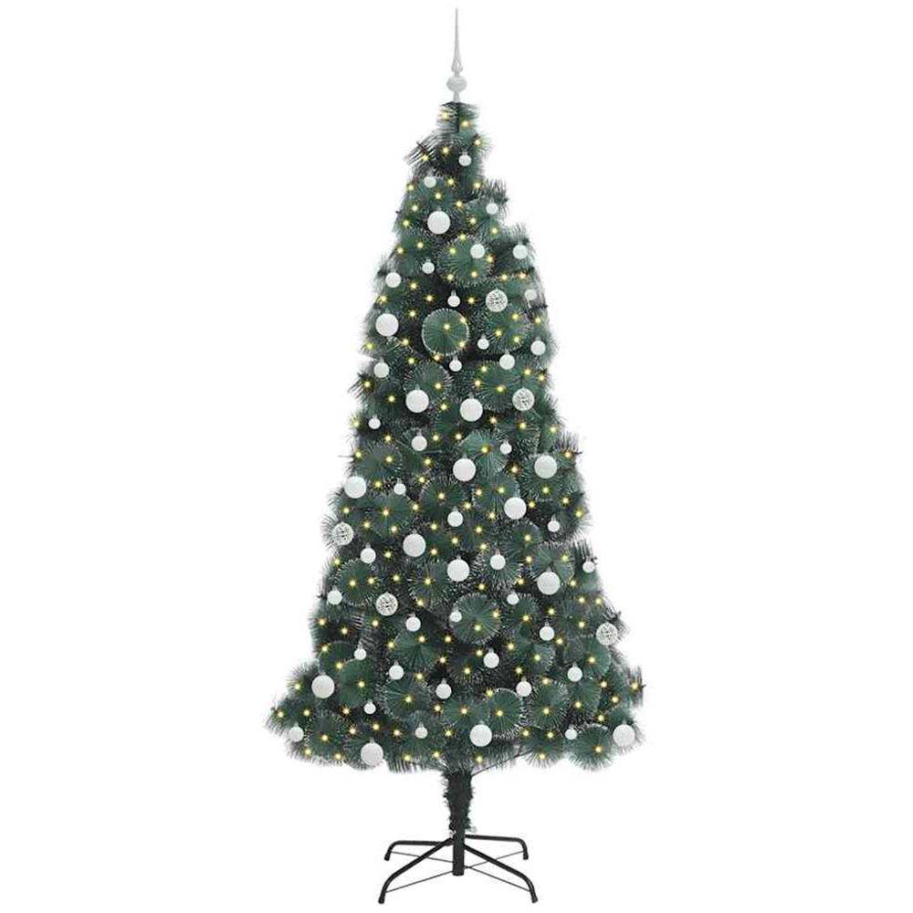 vidaXL Pre-Lit White Baubles Green Artificial Christmas Tree 7ft Image 1