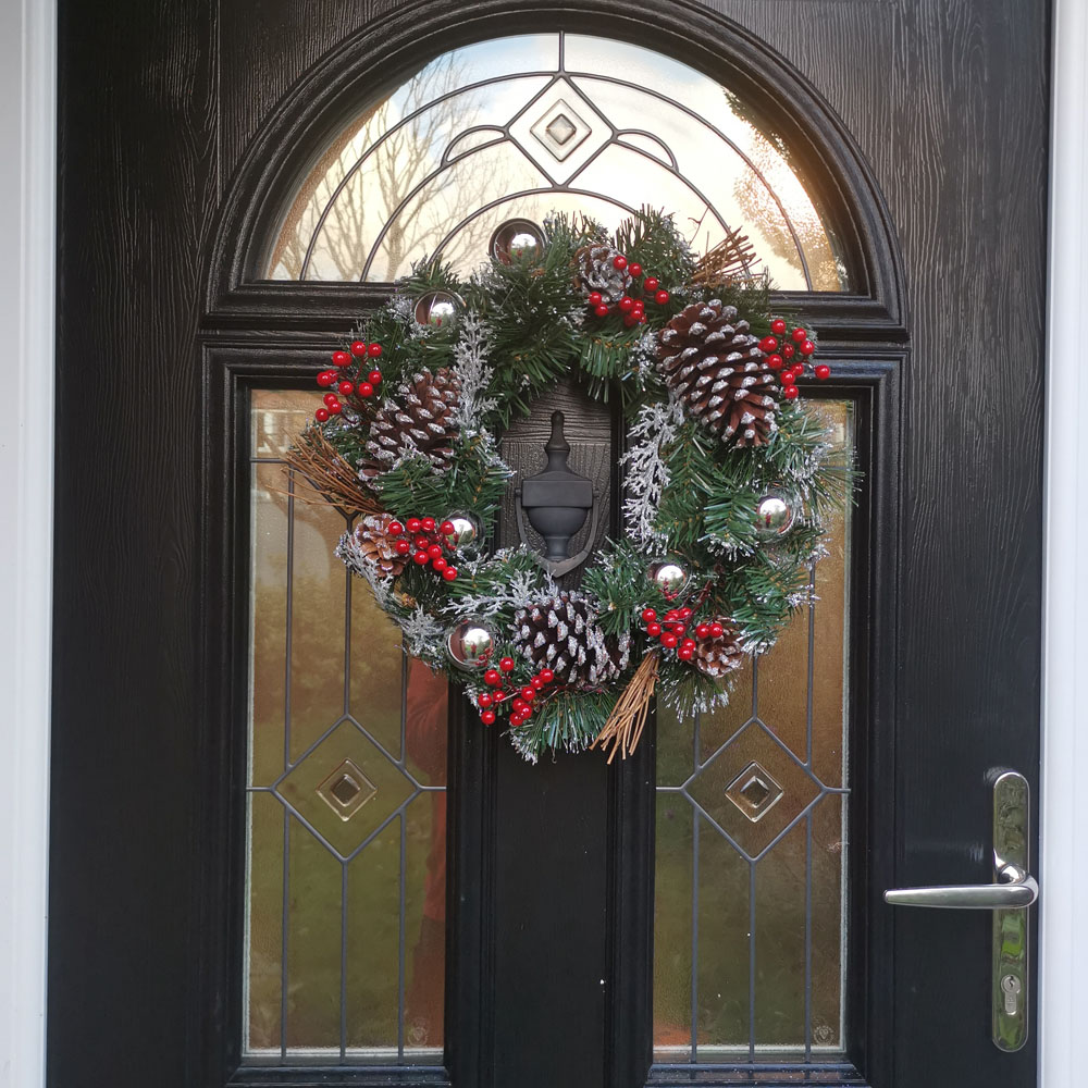 Premier Silver Dressed Christmas Wreath with Pinecones and Red Berries 40cm Image 2