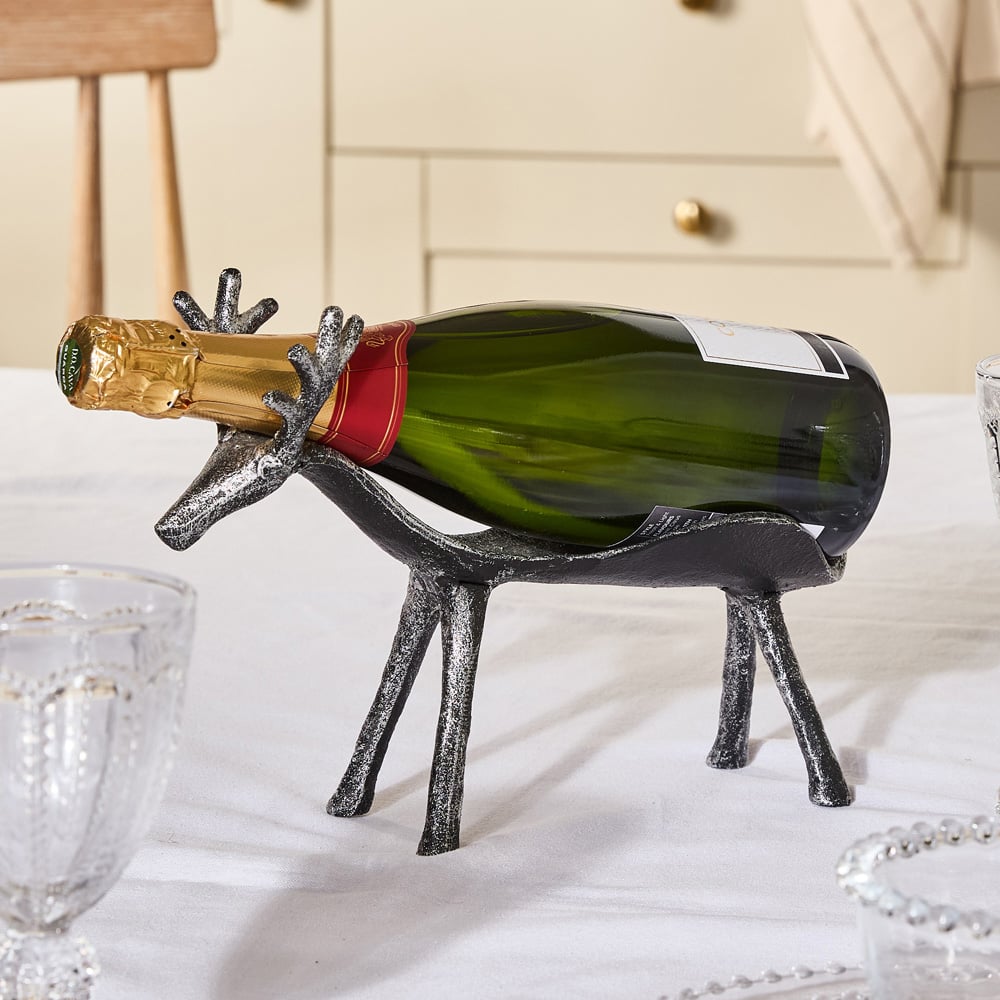 Dibor Rustic Silver and Grey Iron Stag Bottle Wine Holder Image 2
