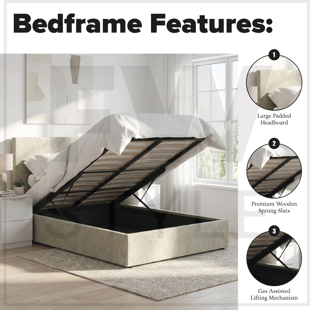 FWStyle Rufford Small Double Beige Sand Front Lift Ottoman Bed Frame with Padded Headboard Image 8
