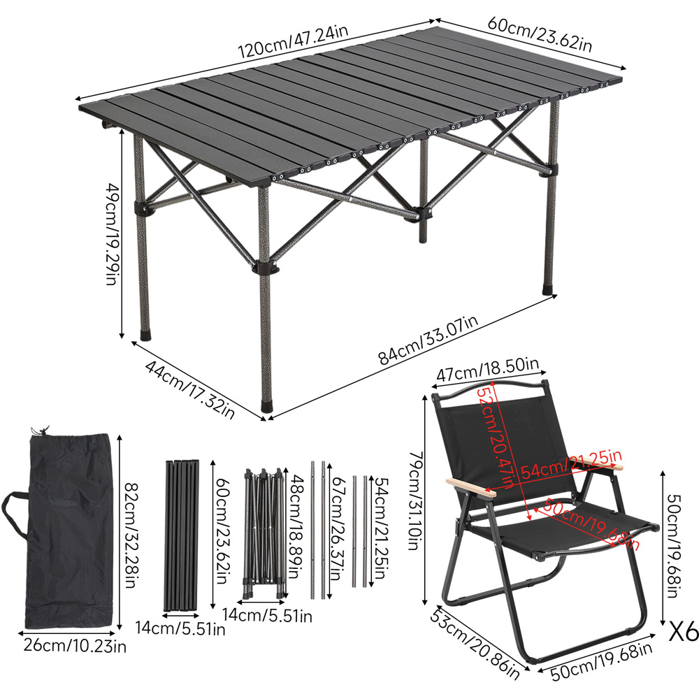 Living and Home 6 Seater 120cm Black Foldable Camping Table and Chair Set Image 8