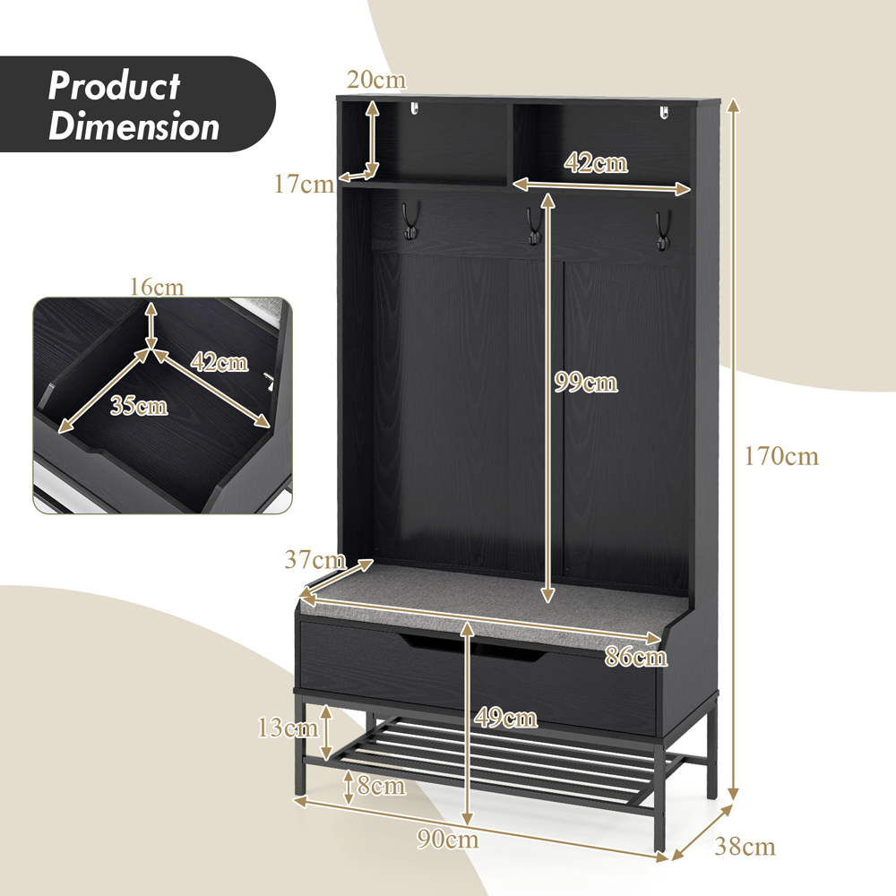 Costway 4 in 1 Black Coat Rack with Seat Cushion Image 9