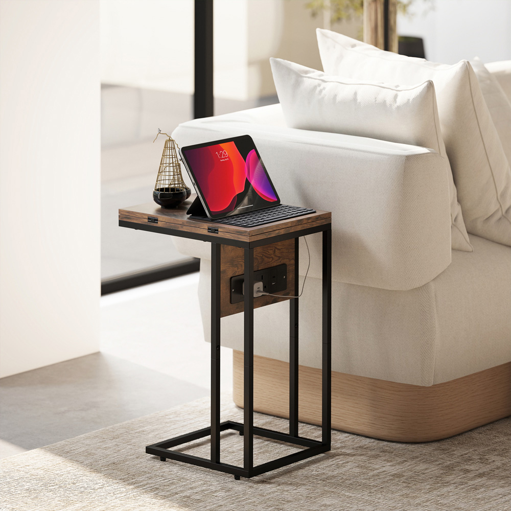 Portland Rustic Brown C Shaped Foldable Top Side Table with Charging Station Image 3