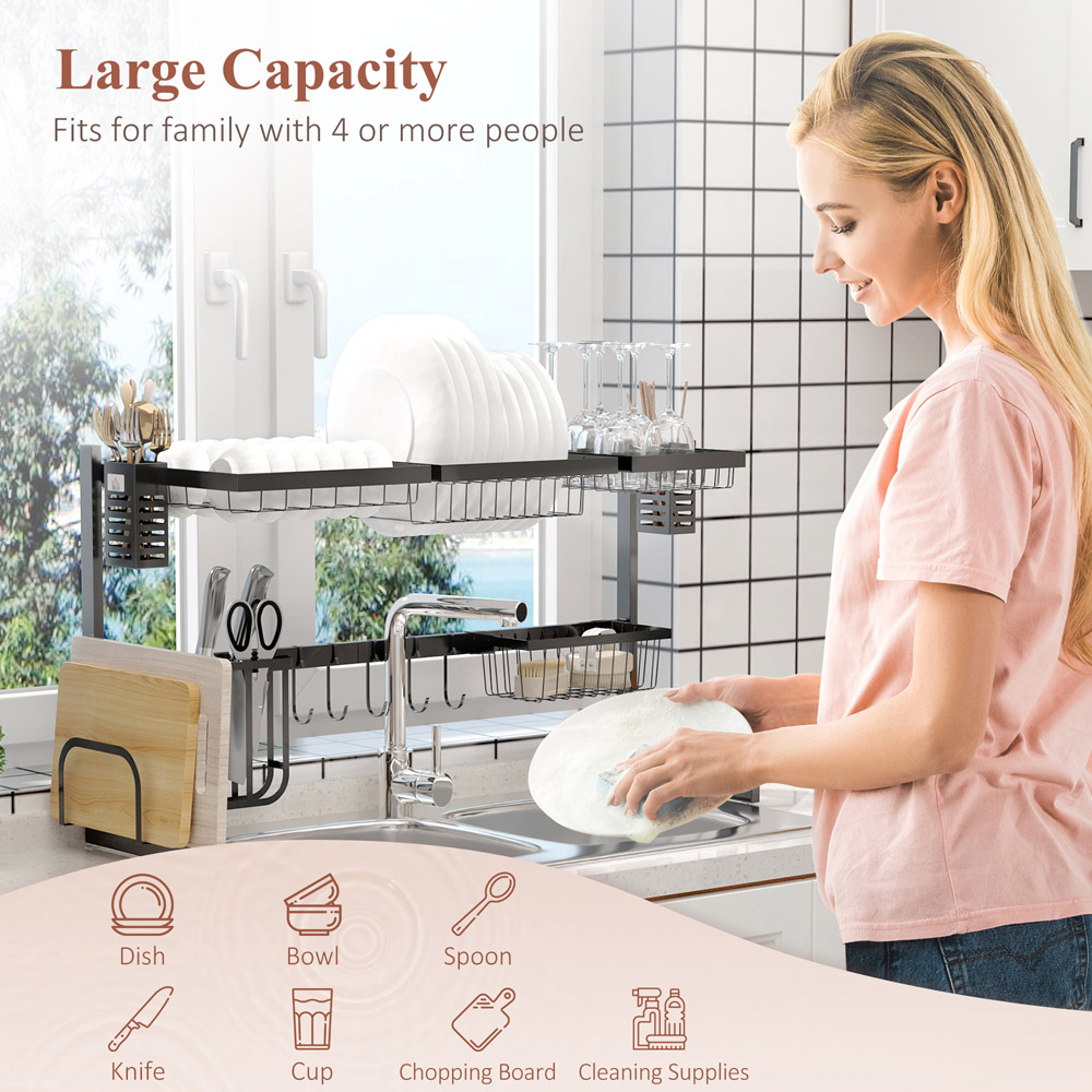 HOMCOM 2 Tier Black Over The Sink Dish Drainer Rack 93cm Image 5