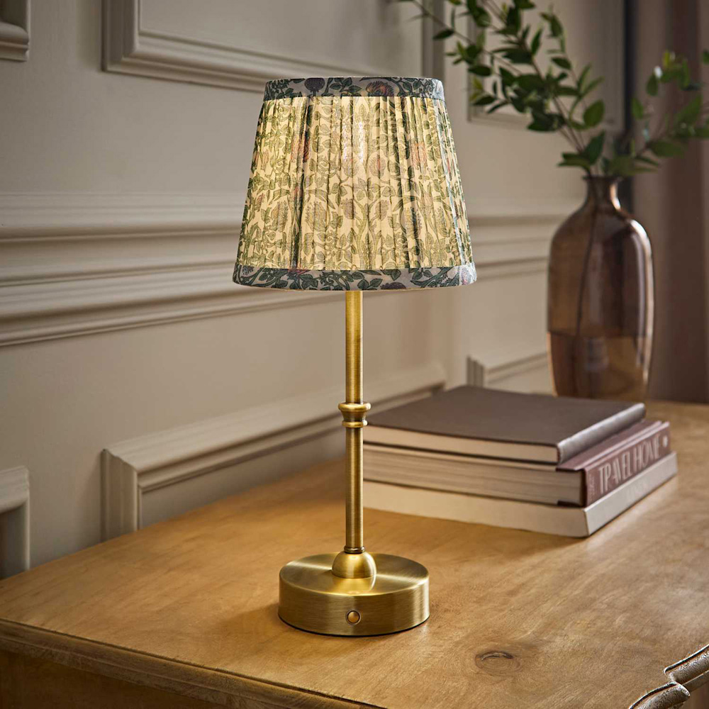 ValueLights Lowe Green Floral Pleated Shade Gold Rechargeable Table Lamp with Bulb Image 6