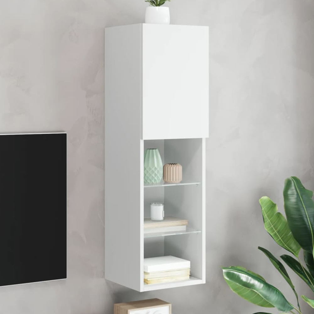 vidaXL Single Door 3 Shelf White Tall Slim TV Cabinet with LED Lights Image 1