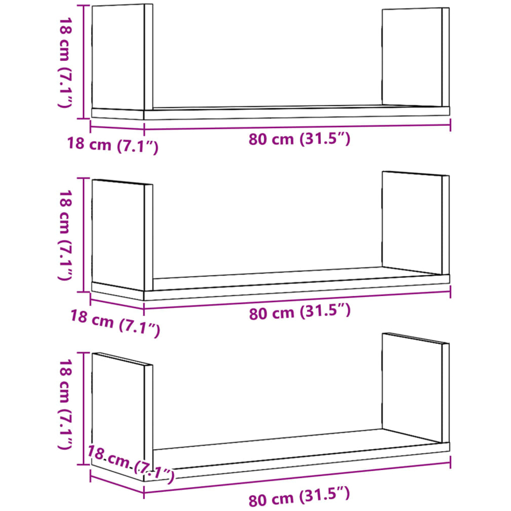 vidaXL 80cm Set of 3 White Floating Wall Shelf Image 9