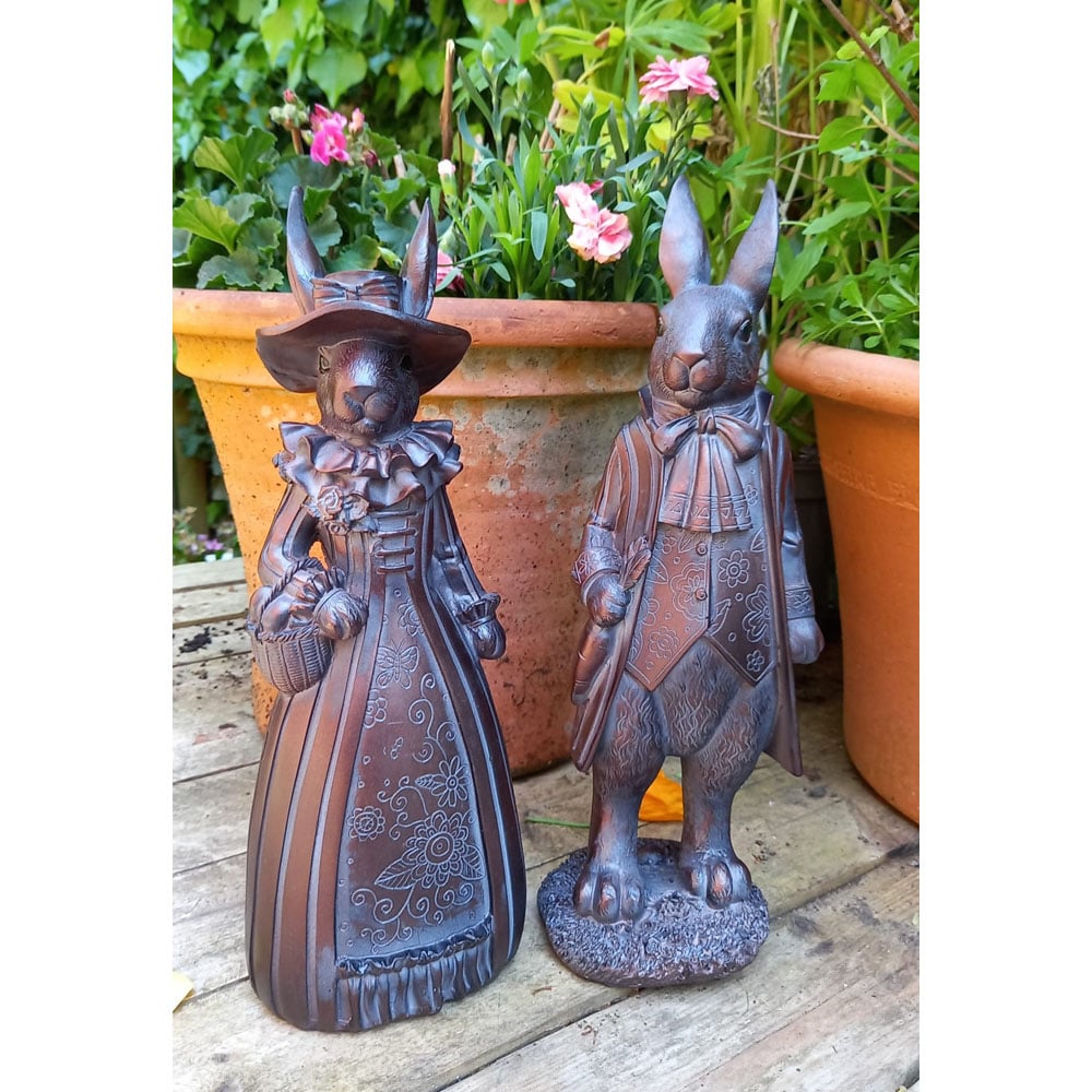 Inspirational Gifting 2 Piece Mr and Mrs Rabbit Polystone Resin Garden Ornament Set Image 2