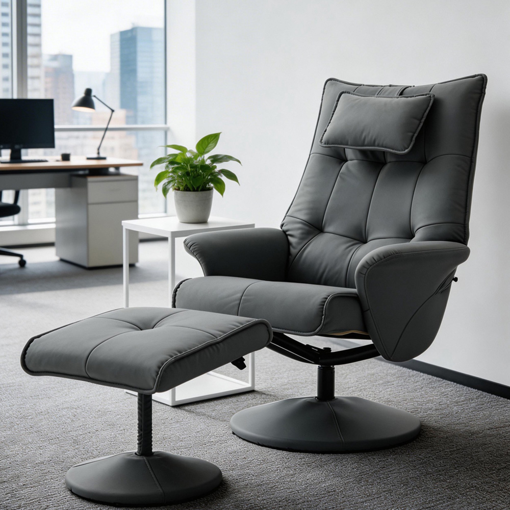 Langham Grey PU Leather Swivel Recliner Armchair with Footrest Stool Image 1