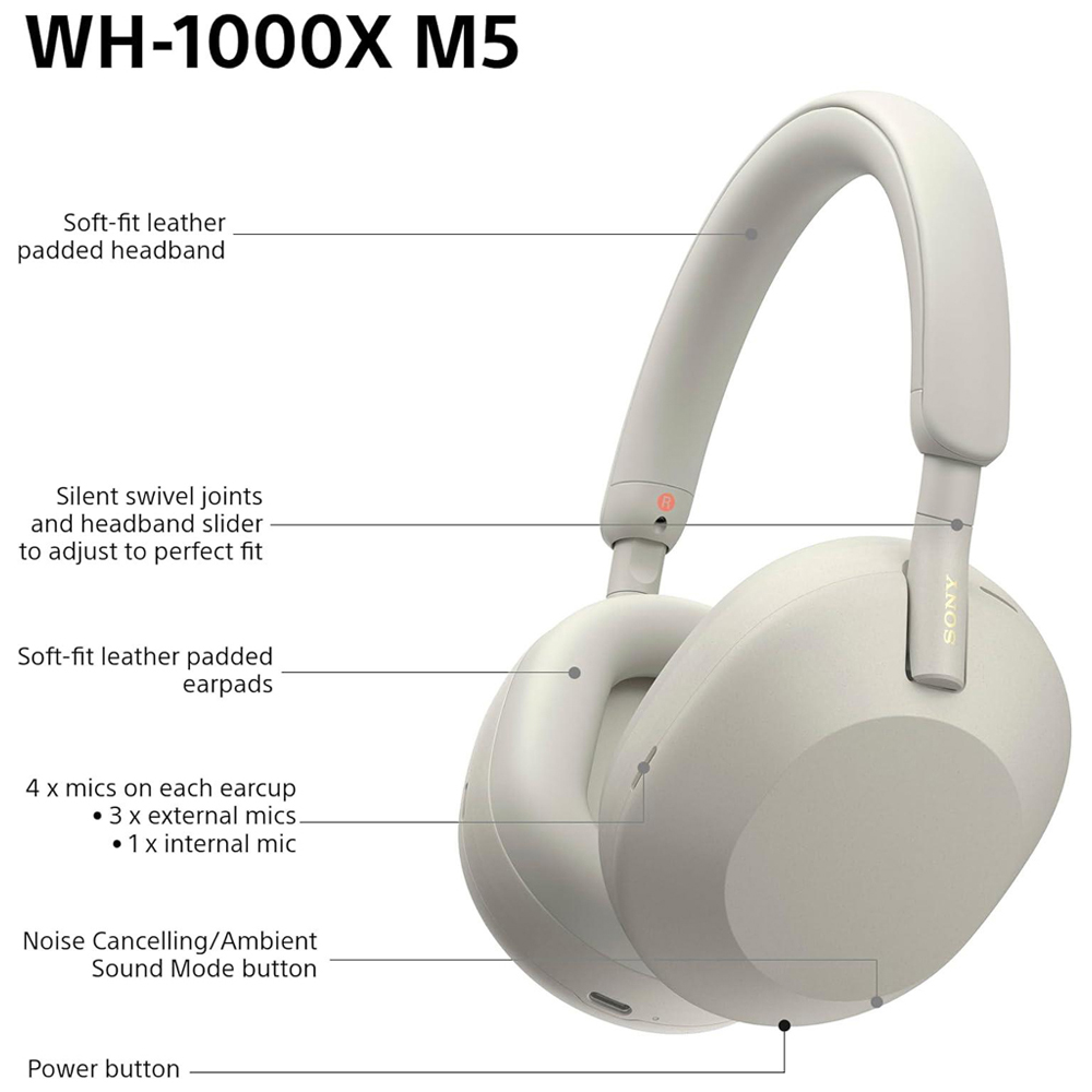 Sony WH-1000XM5 Silver Noise Cancelling Wireless Over Ear Headphones Image 6