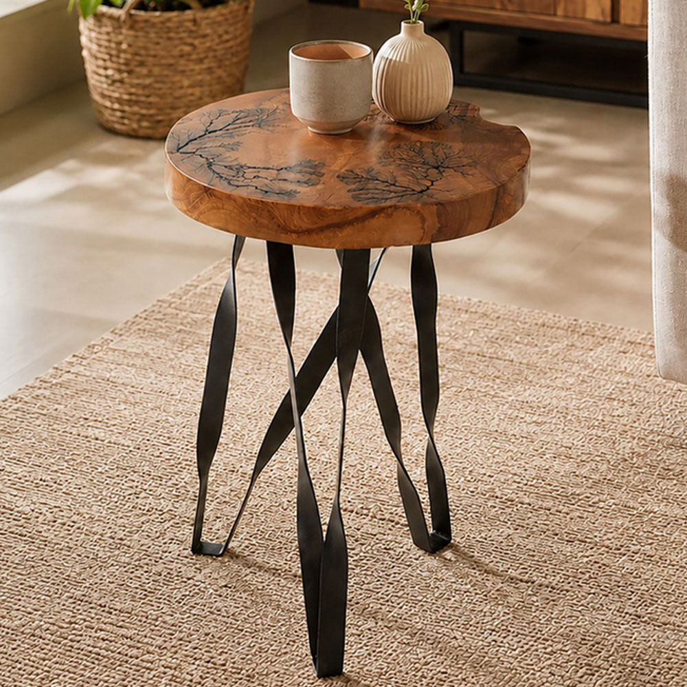 Premier Housewares Surak Teak Wood with Carving Round Stool Image 1