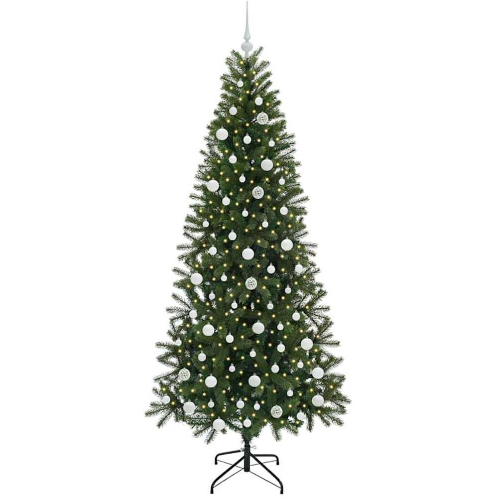 vidaXL Pre-Lit White Baubles Green Artificial Christmas Tree 7ft Image 1