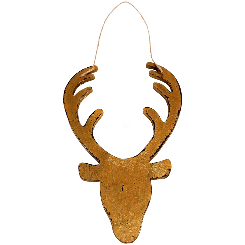 Shatchi Golden Deer Head Wooden Hanging Christmas Decoration 26cm Image 1