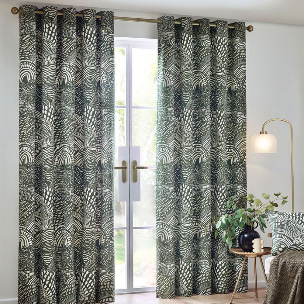 Hoem Nola Olive Abstract Eyelet Curtains 168 x 137cm Image 1