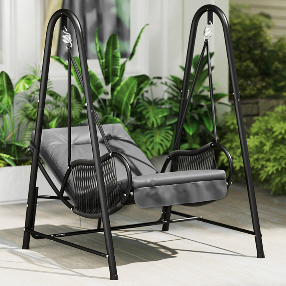 Outsunny Black and Dark Grey Rattan Swing Chair with Stand and Cushion Image 1