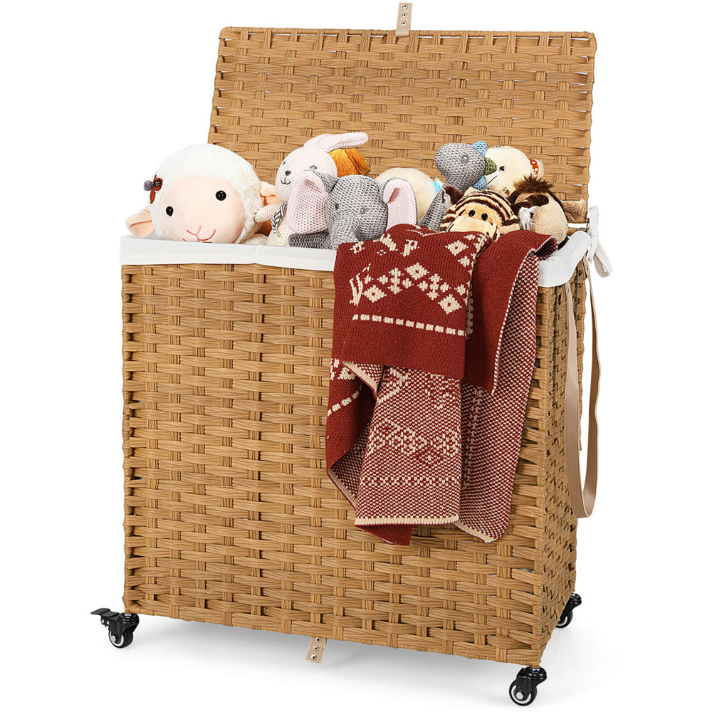 Costway Natural 2 Bags Handwoven Rattan Laundry Hamper with Lid and Wheels 125L Image 4