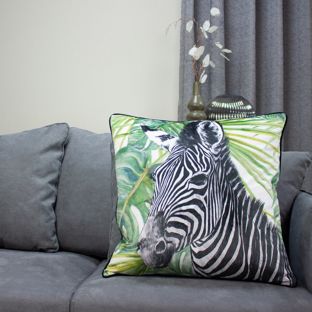 Paoletti Zebra Jungle Velvet Cushion Green Image 2