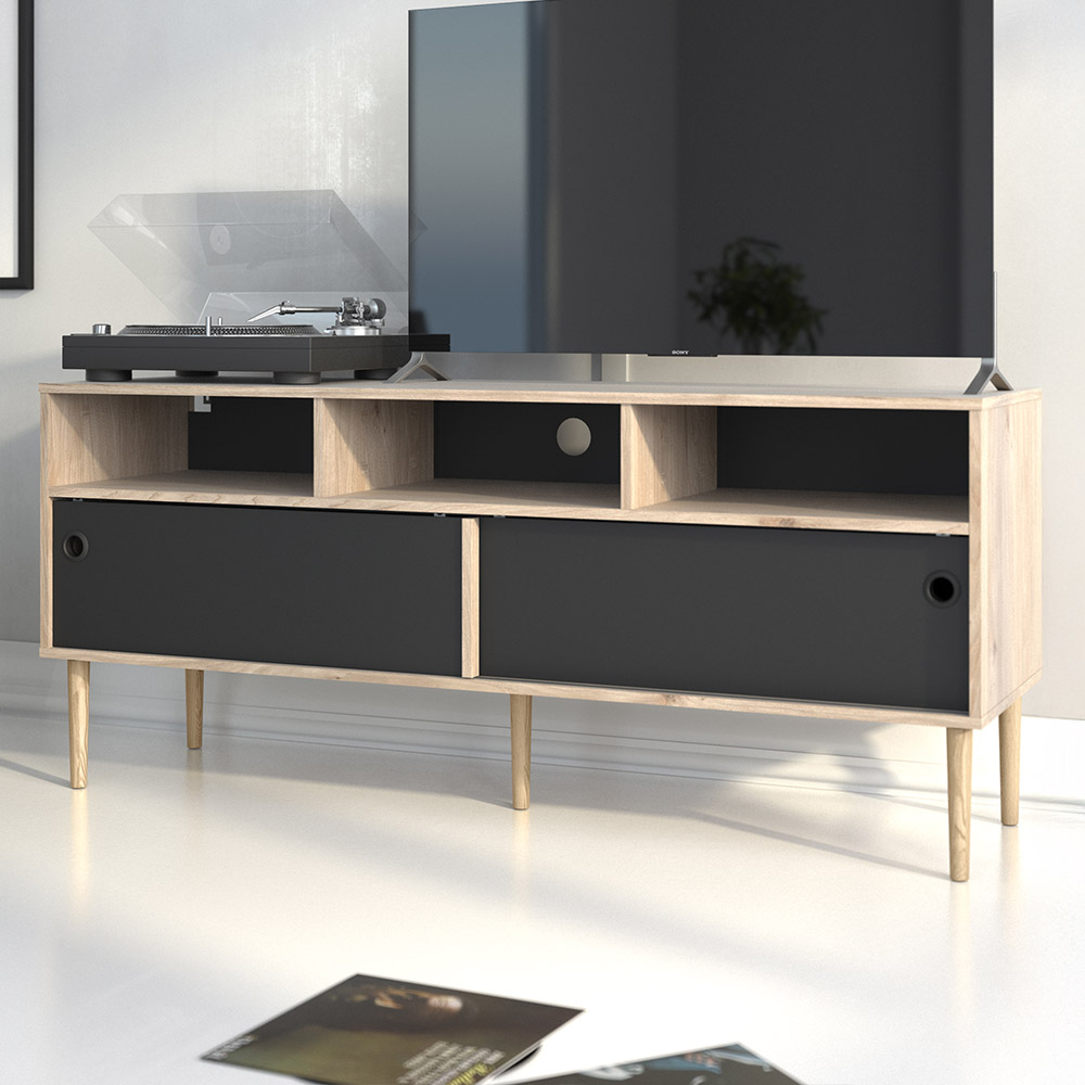 Florence Rome 2 Sliding Door Jackson Hickory Oak and Matt Black TV Unit Image 1