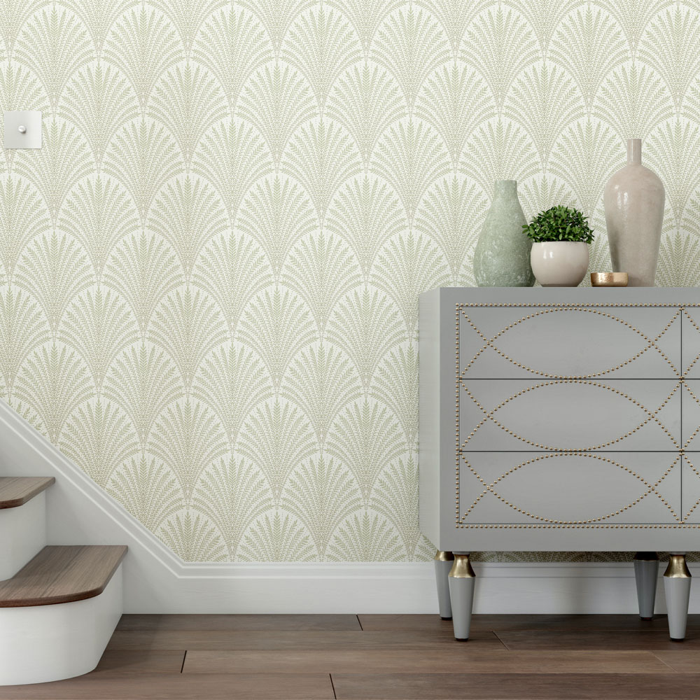Hoopla Walls Elegance Leaf Fan Sage Green Wallpaper Image 2