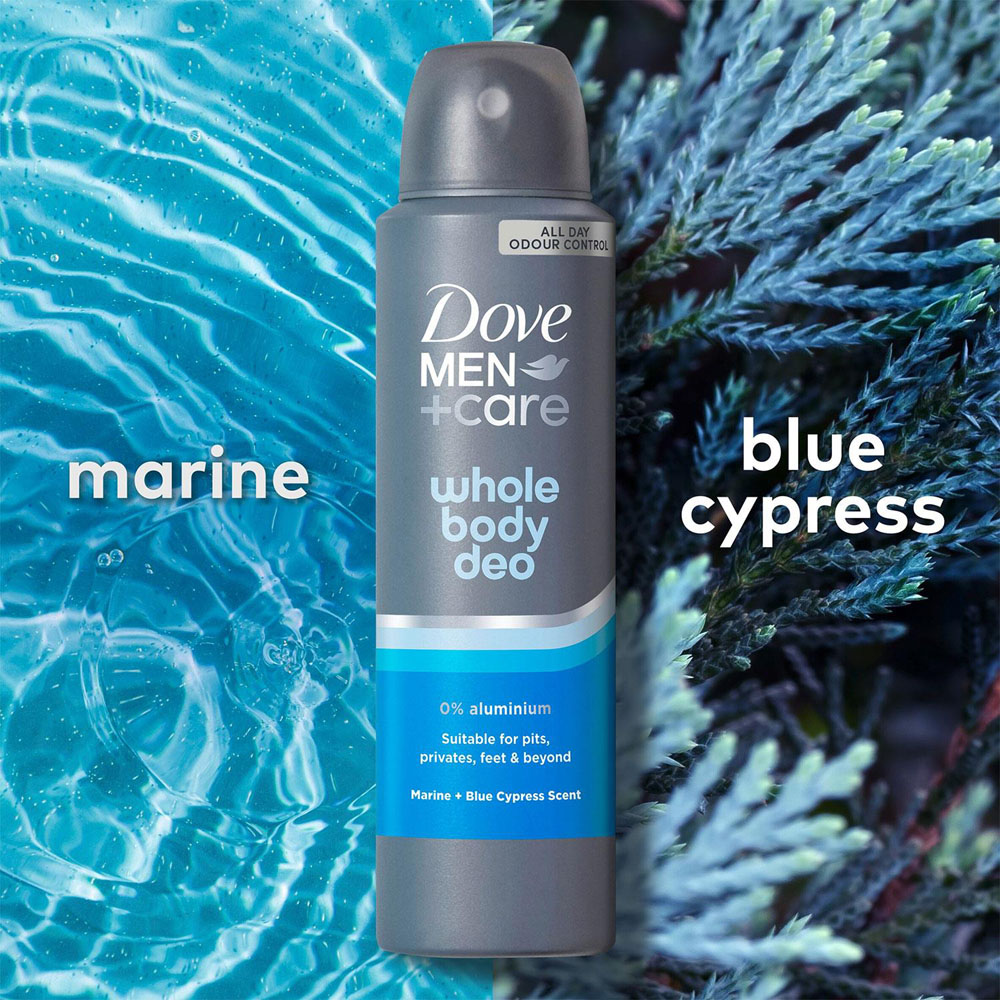 Dove Men+Care Whole Body Marine and Blue Cypress 72H Odour Deodorant Spray 150ml 6 Pack Image 3