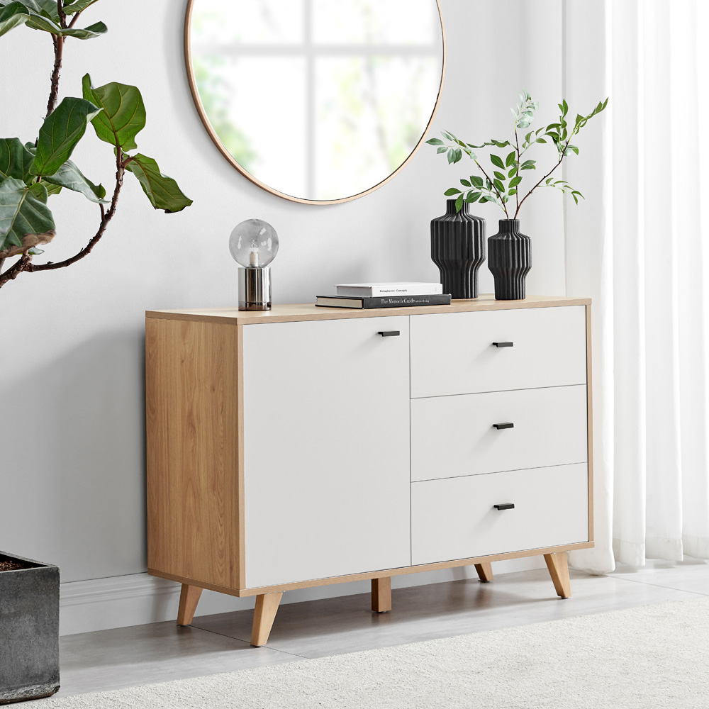 Furniturebox Billet Single Door 3 Drawer Off White and Wood Effect Medium Sideboard Image 7