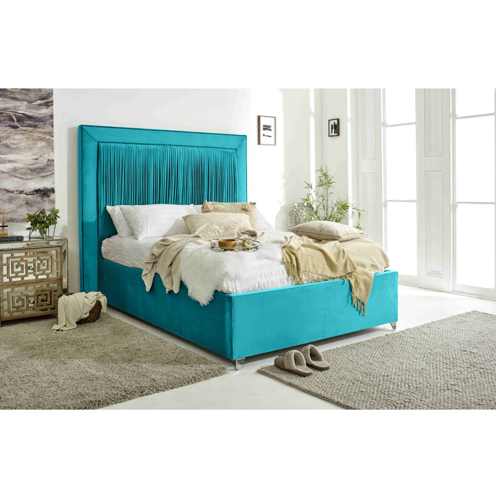Eleganza Alexandra Super King Size Teal Plush Velvet Bed Frame with Pleated Headboard Image 6