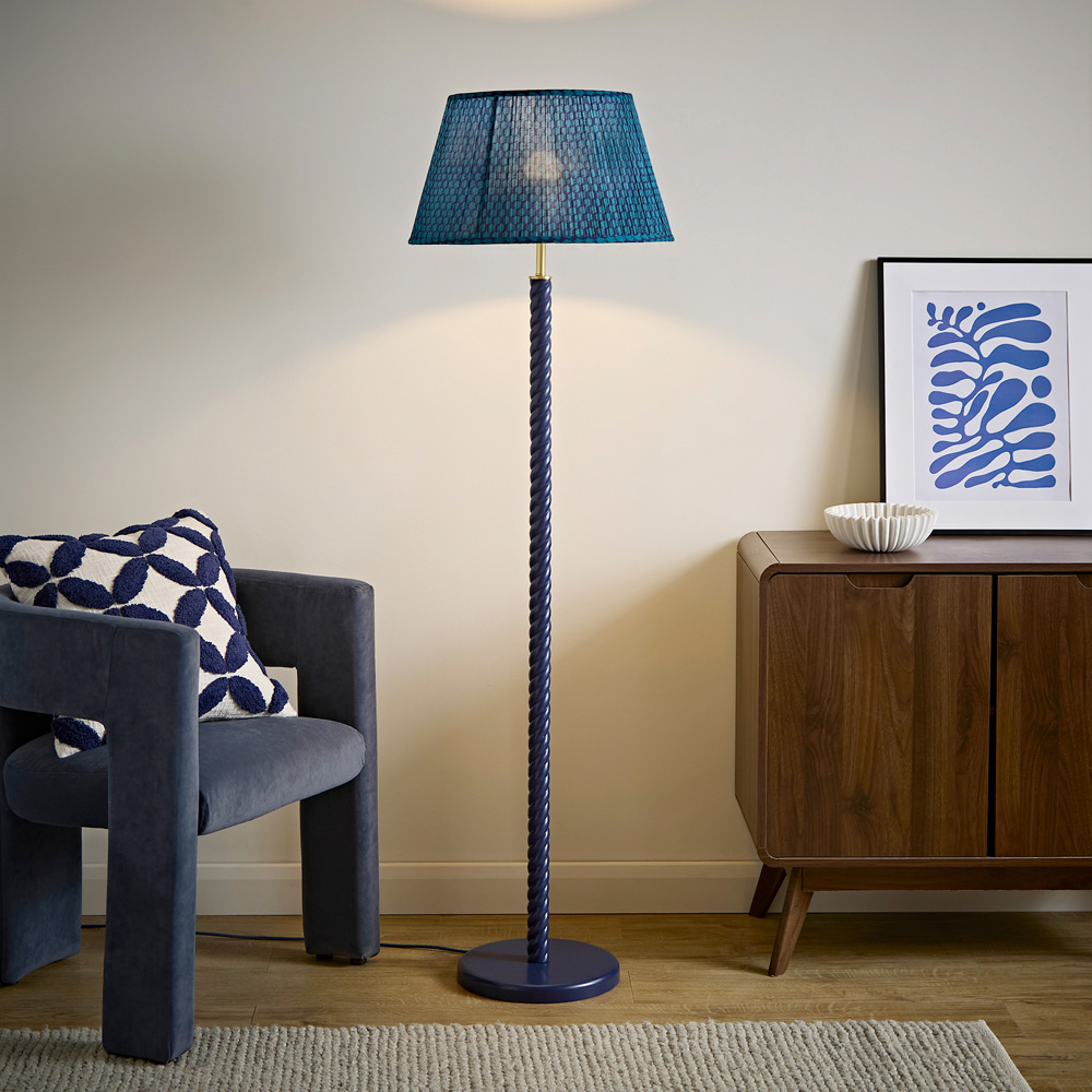 ValueLights Amara Teal Pleated Tapered Shade Navy Twist Floor Lamp with Bulb Image 2