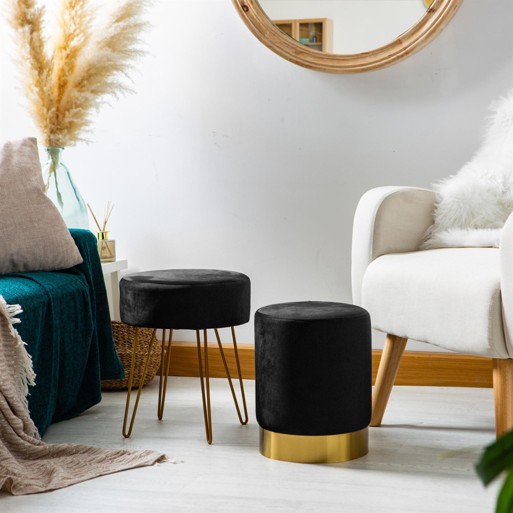 Harbour Housewares Black Velvet Round Pouffe Set of 2 Image 4