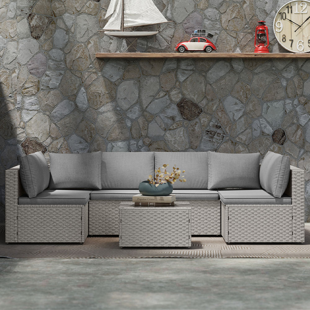Outsunny 6 Seater Grey Rattan Garden Furniture Set with Cushions Image 1