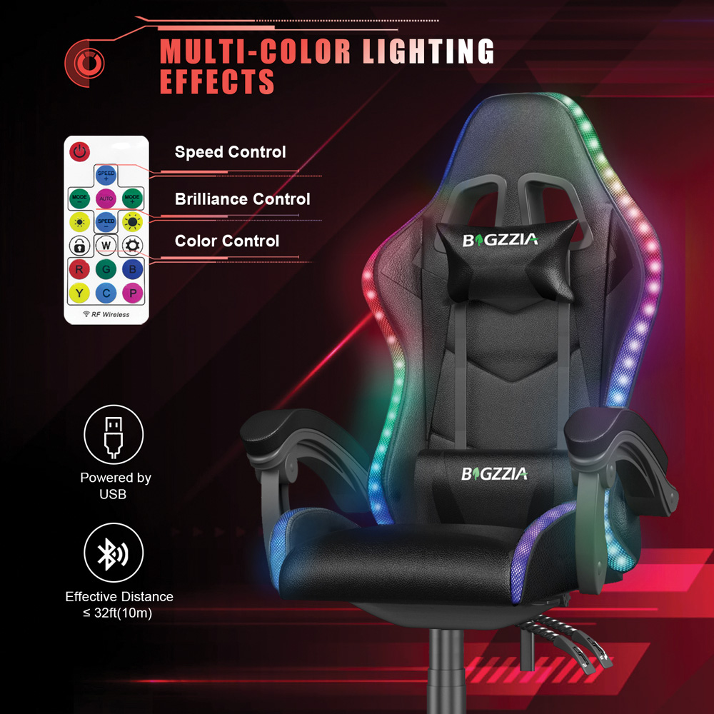 Rattrix Black Height Adjustable Lumbar Backrest Gaming Chair with Headrest and LED Light Image 5