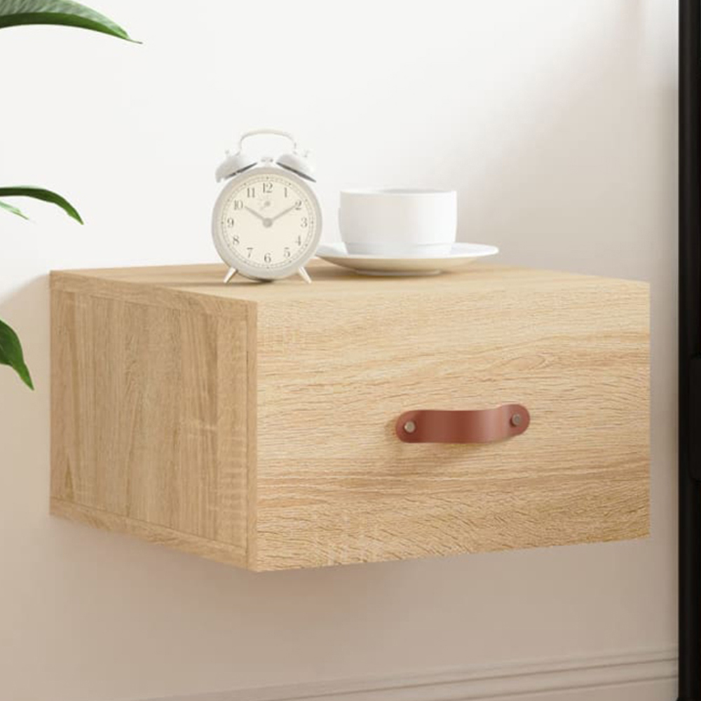 vidaXL Single Drawer Sonoma Oak Wall Mounted Bedside Cabinet with Brown Handle Image 1