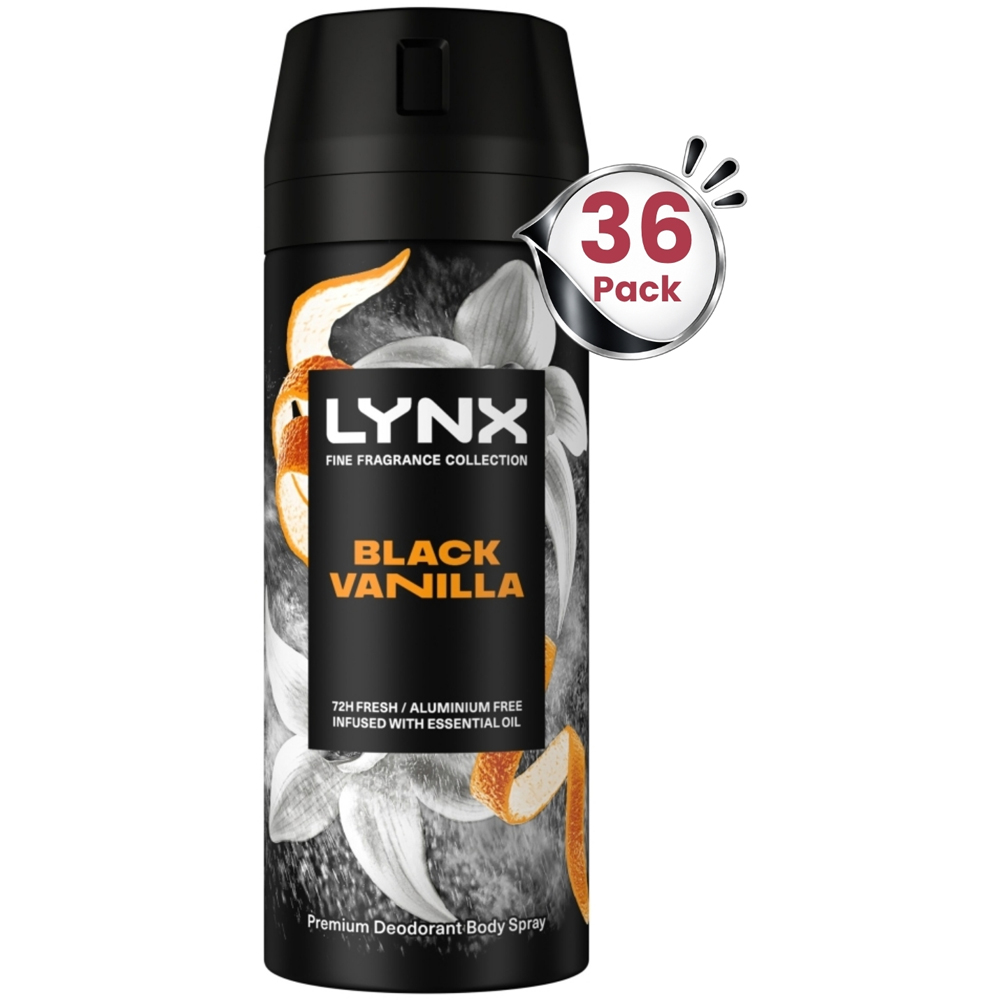 Lynx Fine Fragrance Men's Black Vanilla 72H Freshness Deodorant Body Spray 150ml 36 Pack Image 1
