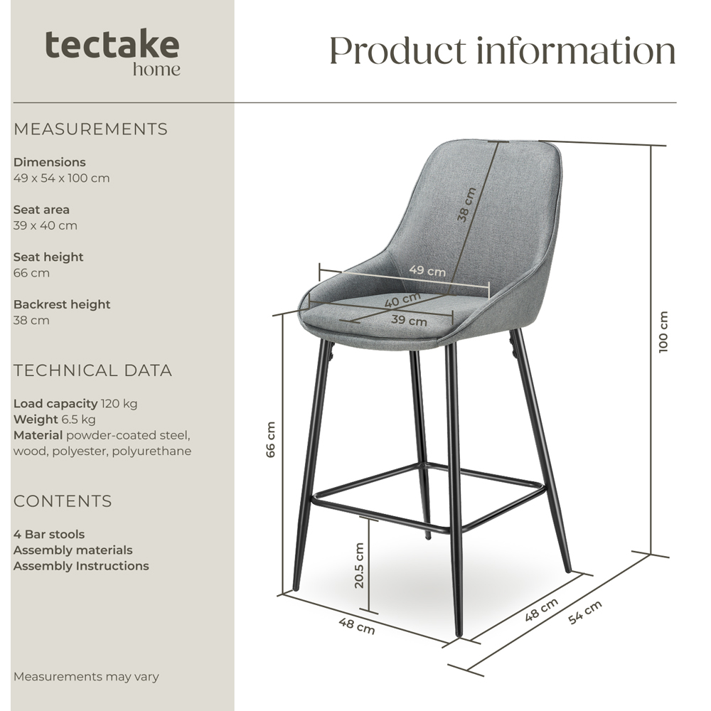 tectake Siera Grey and Black Woven Fabric Bar Stool Set of 4 Image 8