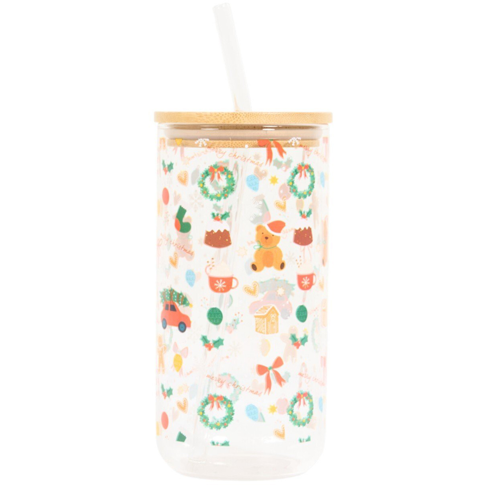 Christmas Print Glass Drinking Jar Clear Image 1