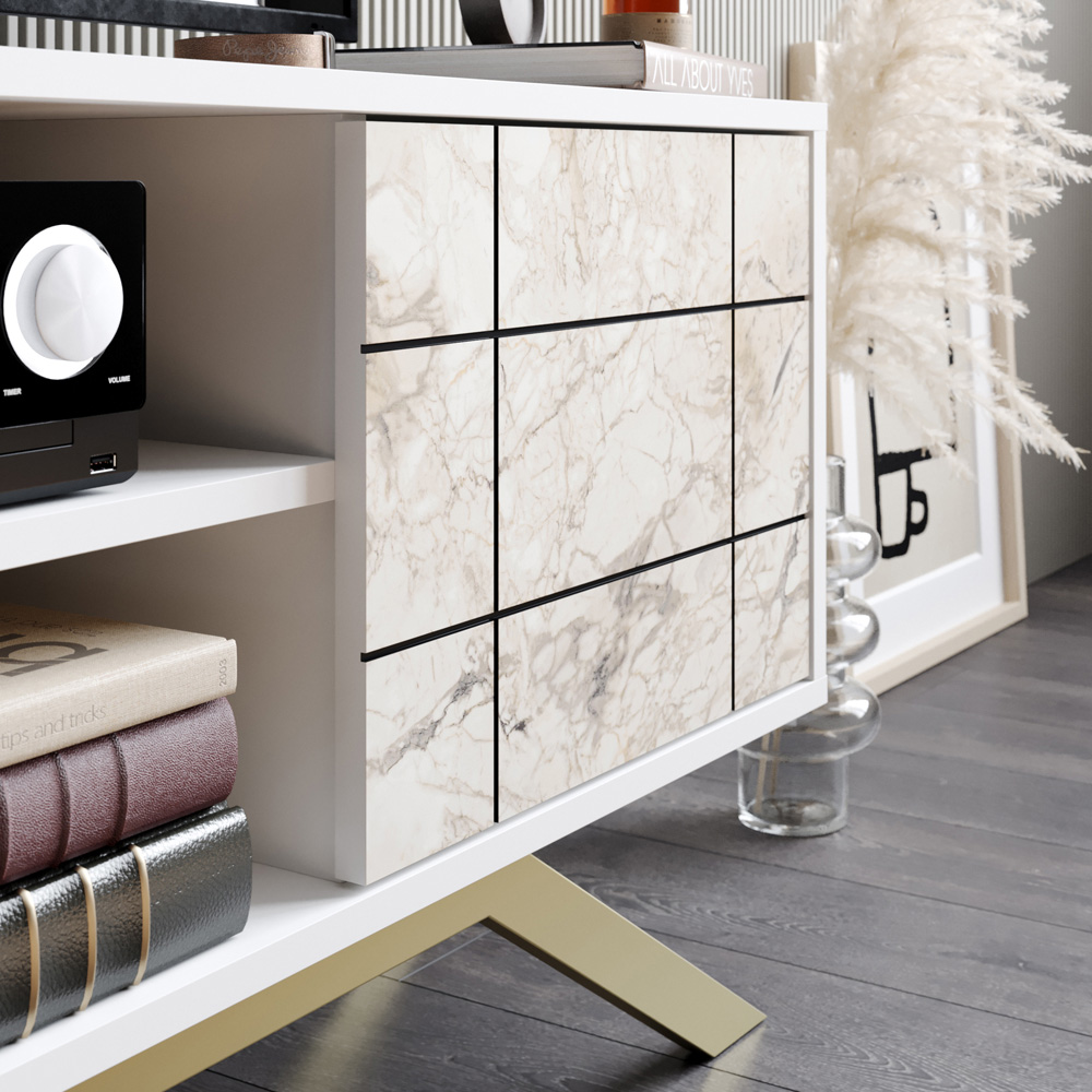 Decorotika North Single Door 4 Shelf White Marble and Gold TV Unit Image 3