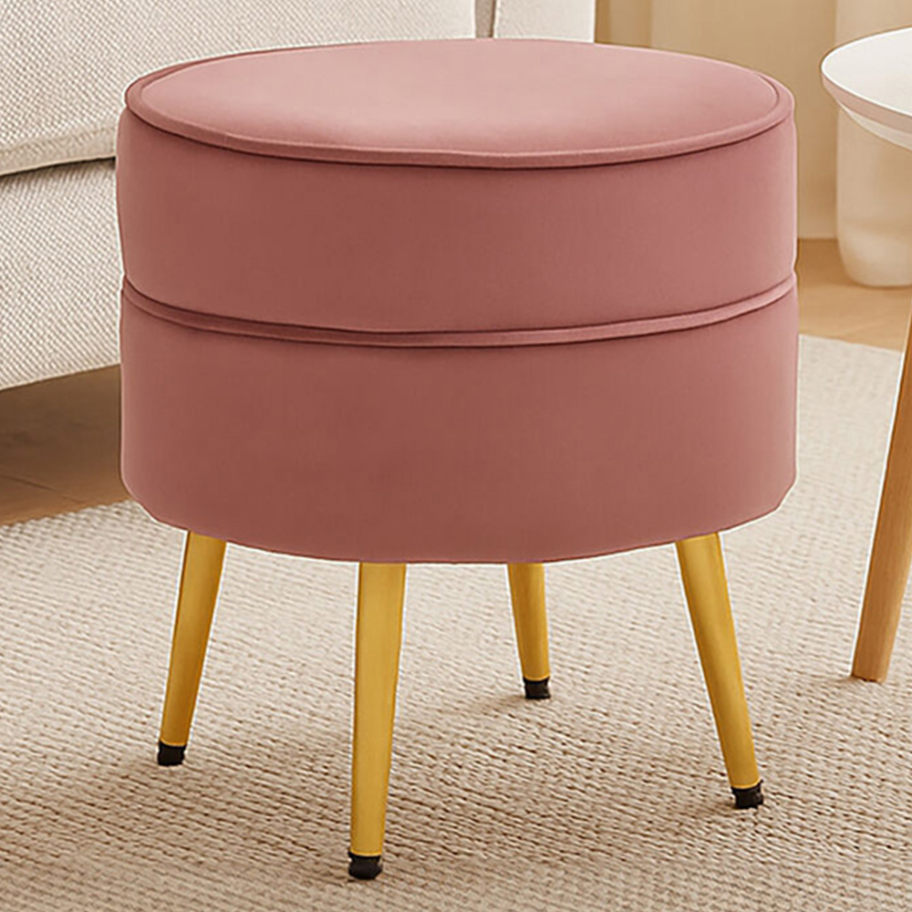 Premier Housewares Tamra Gold and Dusty Pink Velvet Round Footstool Image 1