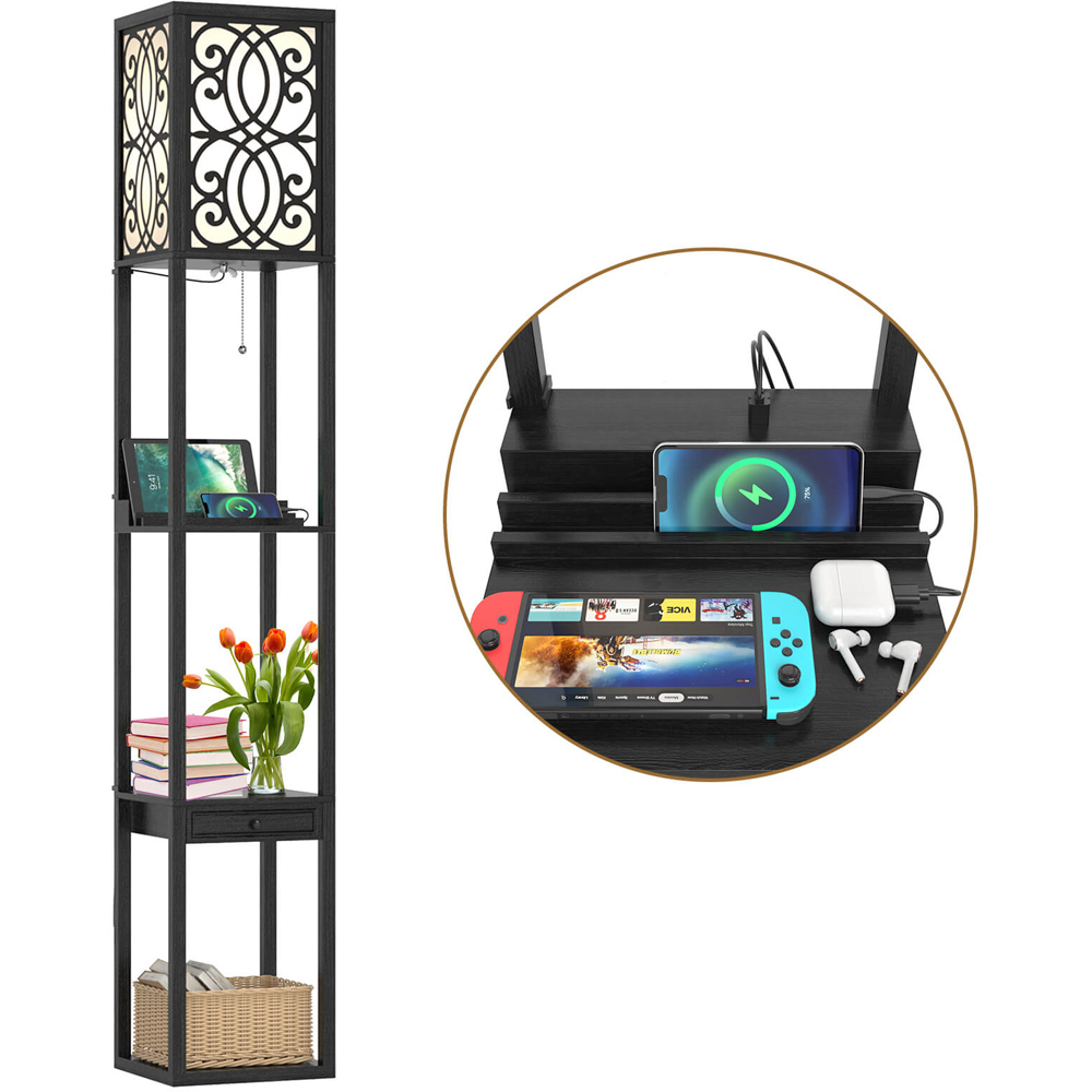 Costway Single Drawer 3 Shelf Tall Storage Floor Lamp with 2 USB Charging Port Image 3