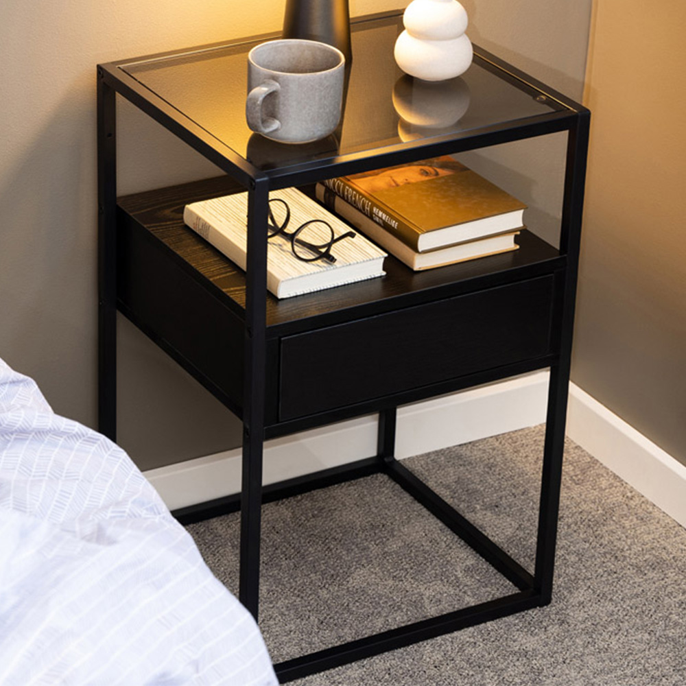 Florence Randolf Single Drawer Single Shelf Black Smoked Glass Bedside Table Image 1